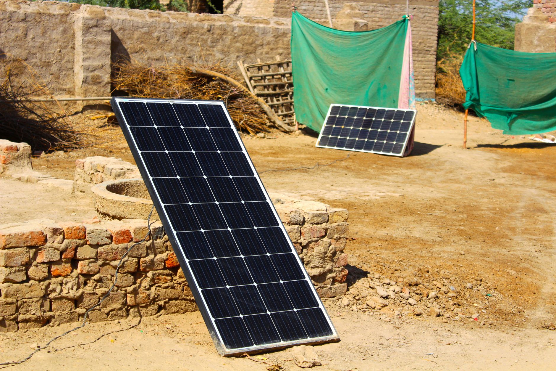 Renewable energy installations solar panels with blue horizons